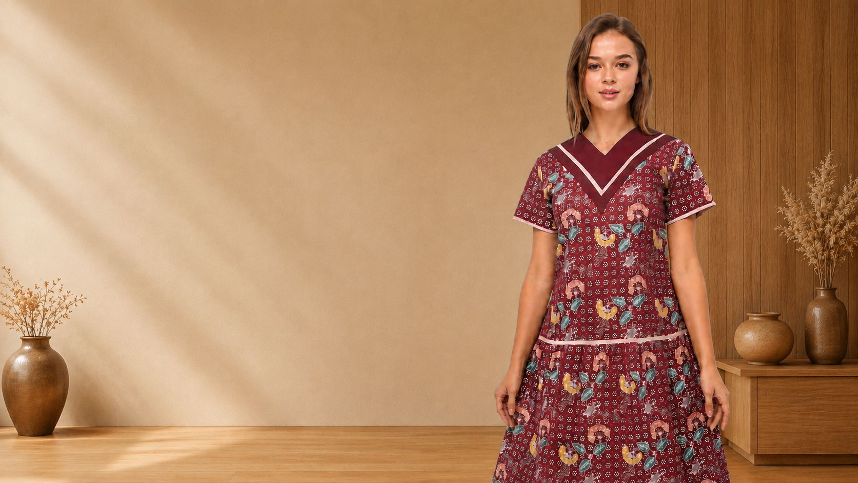 Model wearing a maroon floral Arya Putri Batik dress in a warm minimalist room