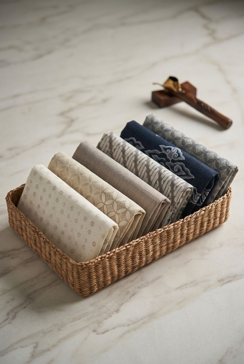 Folded Arya Putra Batik fabrics in neutral and indigo tones in a woven basket
