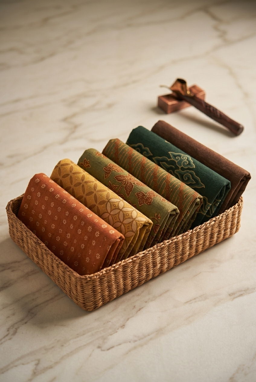 Folded Arya Putri Batik fabrics in warm earth tones in a woven basket
