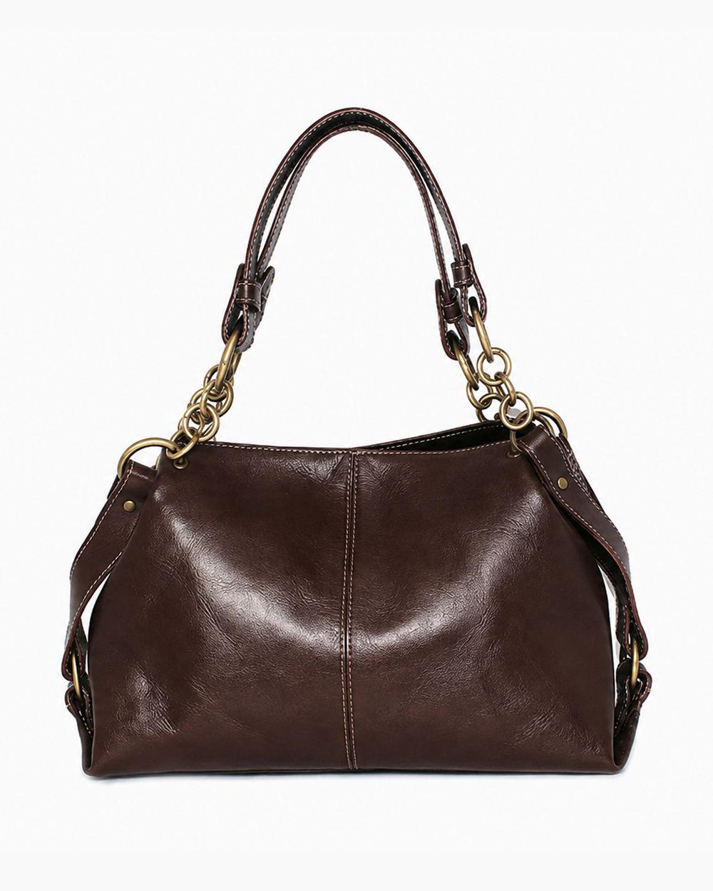 Brown leather shoulder bag with chain-link straps