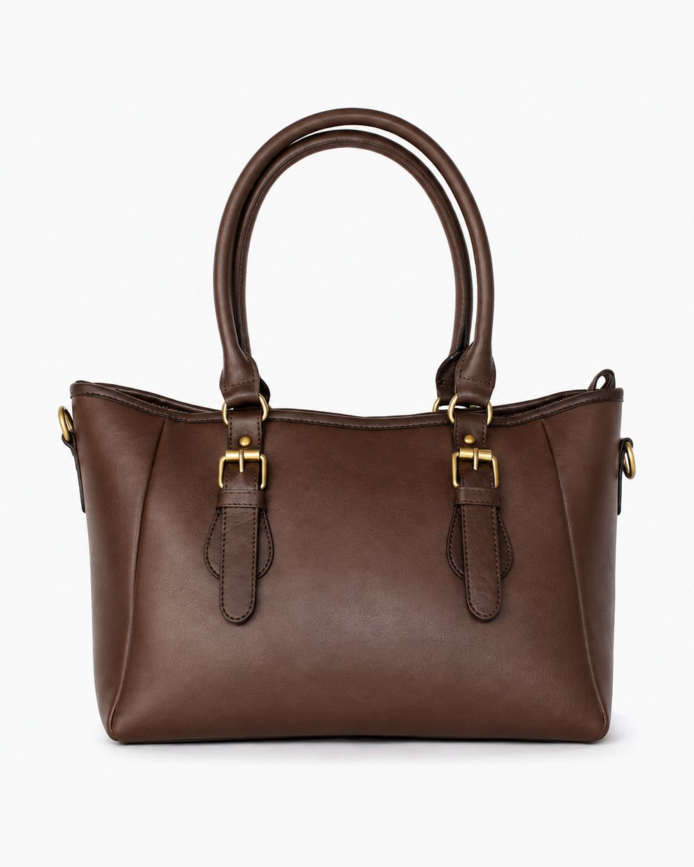 Brown leather tote bag with buckled straps