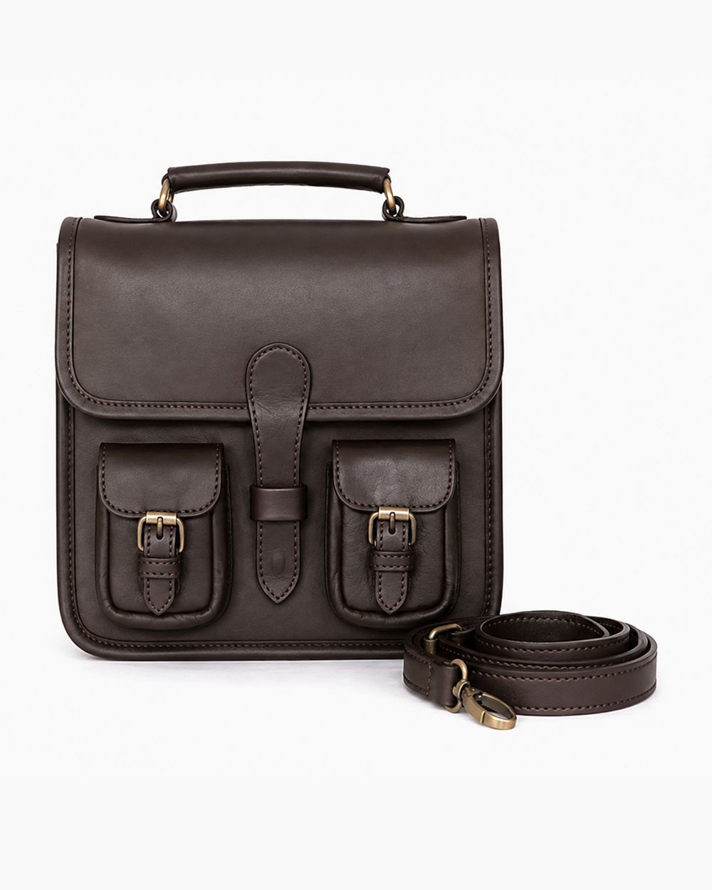Dark brown leather satchel with front pockets and detachable strap