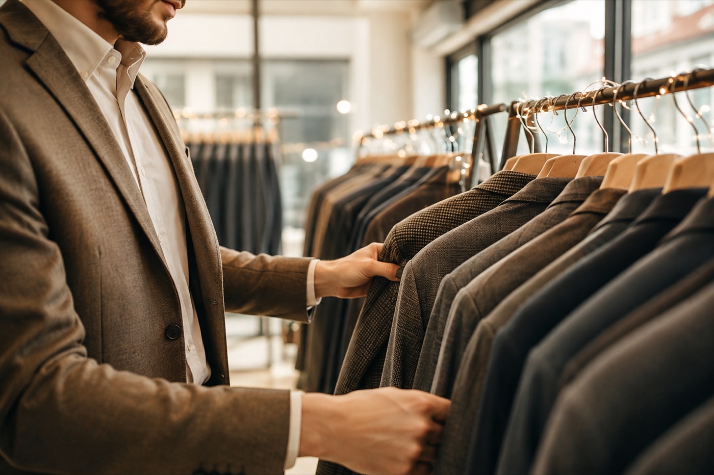 Buyer inspecting a rail of tailored jackets in a showroom