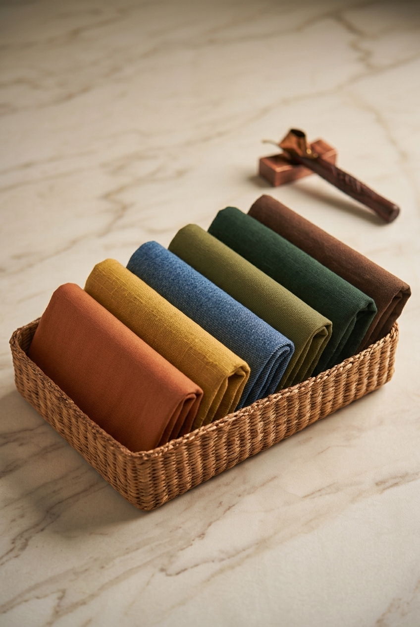 Folded Trésor plain-dyed fabrics in a woven basket